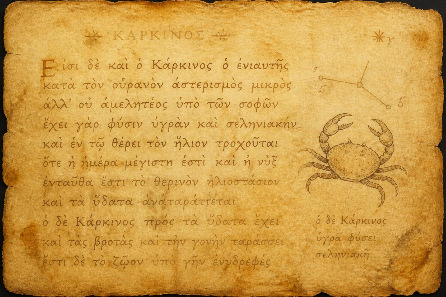 Ancient Greek manuscript page with a hand-drawn crab in the margin